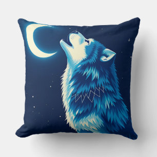 Cojín Decorativo Lobo bajo la luna creciente de noche