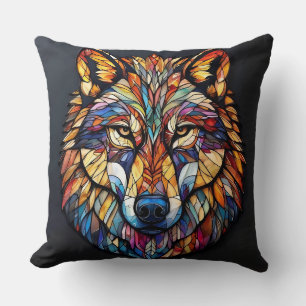 Cojín Decorativo Lobo Colorido en Silueta de Vidrio Mosaico Teñido