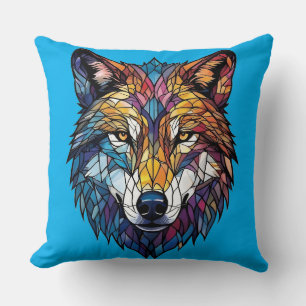 Cojín Decorativo Lobo Colorido en Silueta en Vidrio Rojado Mosaico