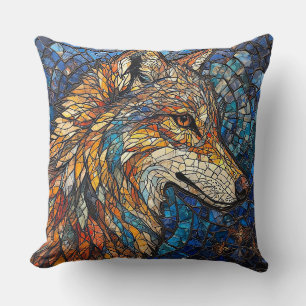 Cojín Decorativo Lobo con piezas de vidrio coloridas y vibrantes