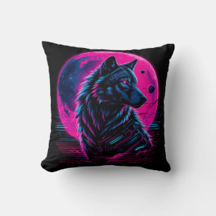 Cojín Decorativo Lobo de neón ciberpunk vibrante
