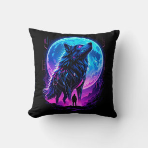 Cojín Decorativo Lobo de neón ciberpunk vibrante