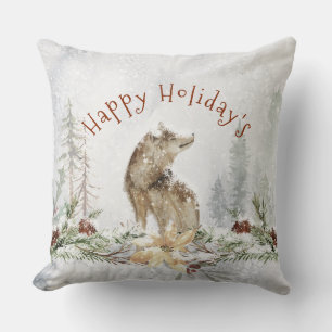 Cojín Decorativo Lobo en Navidades nevados leña y flores de vacacio
