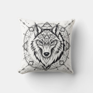 Cojín Decorativo Lobo en una Mandala Geométrica y Decorativa