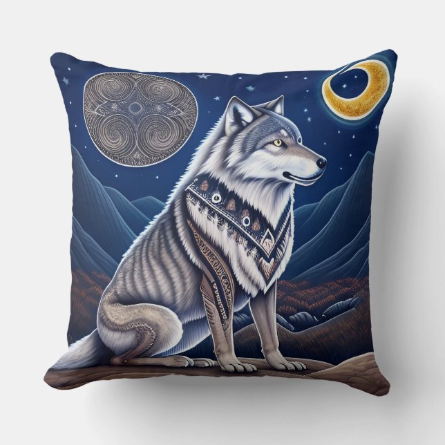 Cojín Decorativo Lobo Majestuoso Bajo Cielo Estrellado (Anverso)