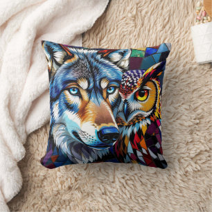 Cojín Decorativo Lobo Mosaico, Búho y Luna Llena