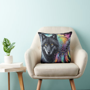 Cojín Decorativo Lobo Negro con Cazador de Sueños