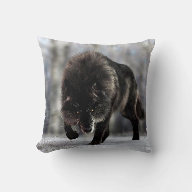 Cojín Decorativo Lobo negro enojado (Anverso)