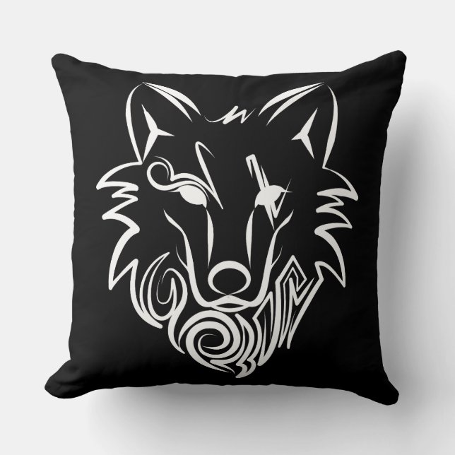 Cojín Decorativo Lobo tribal blanco y negro (Anverso)