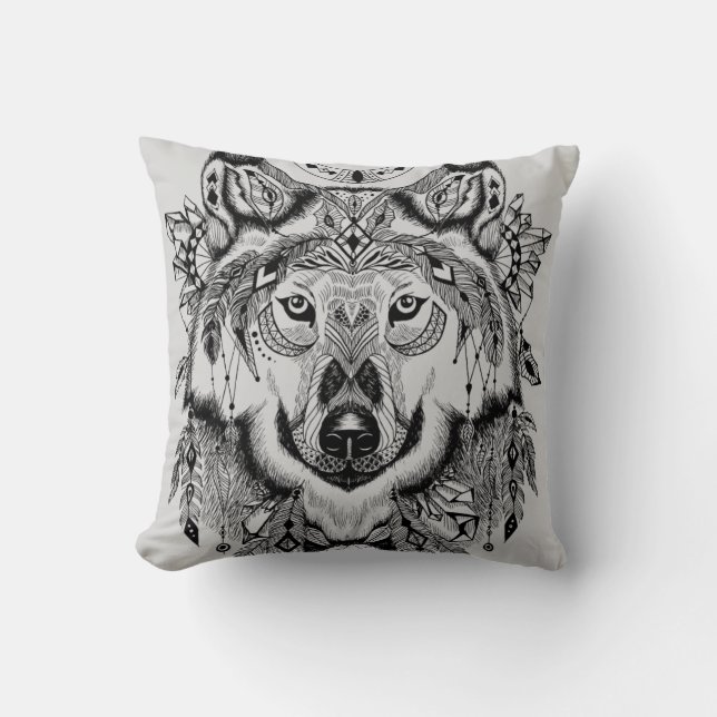 Cojín Decorativo Lobo tribal indio (Anverso)