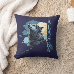 Cojín Decorativo Lobo y luna del contorno de Alaska