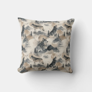 Cojín Decorativo Lobos Acuarela Lobos Montaña Bosque Naturaleza