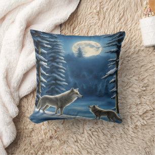 Cojín Decorativo Lobos aullando bajo la luna llena. 