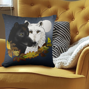 Cojín Decorativo Lobos Blancos Negros Claro de Luna Hojas de Otoño