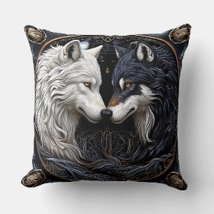 Cojín Decorativo Lobos Blancos y Negros que Simbolizan Dualidad