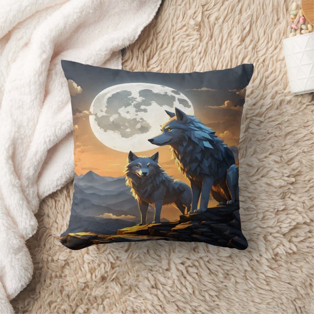 Cojín Decorativo Lobos Majestuosos Bajo Luna Llena. (Manta)