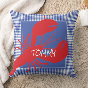 Cojín Decorativo Lobster Rojo Azul Gingham NOMBRE Decoración Coster