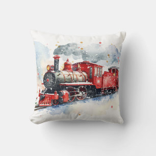 Cojín Decorativo Locomotora Roja En Invierno