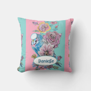 Cojín Decorativo Loro Azul Pájaro Rosa Floral Rosa Acuática Nombre