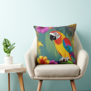 Cojín Decorativo Loro Pájaro Tropical Palmas florales azules púrpur