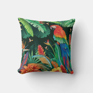Cojín Decorativo Loro tropical: fondo floral exótico.