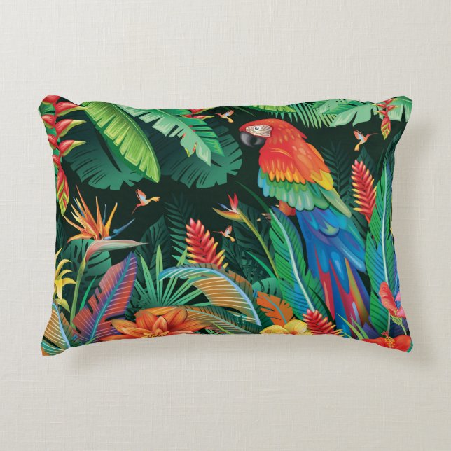 Cojín Decorativo Loro tropical: fondo floral exótico. (Anverso)