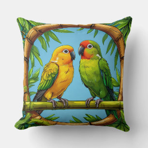 Cojín Decorativo Loros Coloridos Posados en un Marco de Bambú