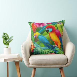 Cojín Decorativo Loros Pájaros Tropicales Florales palmeras azul ve