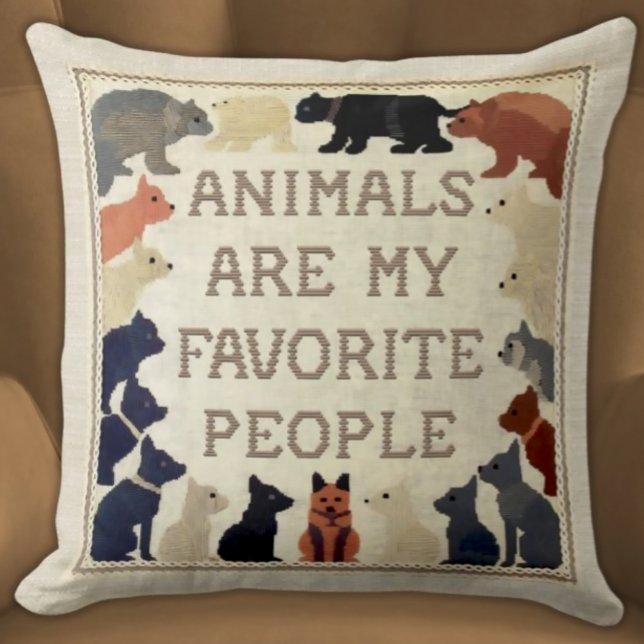 Cojín Decorativo Los animales son mi gente favorita - Graciosa brom (Animals Are My Favorite People Funny Faux Needlepoint Stitched Pillow Neutral Colors Brick Red Navy )