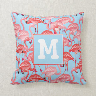 Cojín Decorativo Los flamencos rosados brillantes en el azul el  
