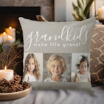 Cojín Decorativo Los nietos hacen la vida grandiosa con 3 fotos<br><div class="desc">Un regalo atento que los abuelos valorarán, este diseño personalizado de almohadas presenta una plantilla de 3 fotos para personalizar con fotos de los nietos. Una combinación de escritura manuscrita moderna combinada con una moderna letra sans serif con la frase "¡los nietos hacen la vida grandiosa!" El fondo es un...</div>