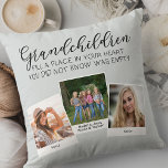 Cojín Decorativo Los nietos poema 3 Collage de fotos gris plateado<br><div class="desc">almohada fotográfica para abuelos o nietos. El poema dice "los nietos ocupan un lugar en su corazón que no sabían que estaba vacío" y está escrito con caligrafía elegante y tipografía caprichosa en mayúsculas. La plantilla de la foto está configurada para que agregue 3 de sus imágenes favoritas, que se...</div>