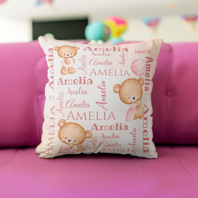 Cojín Decorativo Los osos de peluche rosados tienen chicas personal (Pink teddy bears personalized girls name collage baby throw pillow baby gifts baby shower gifts)