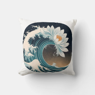Cojín Decorativo Loto blanco y ola oceánica - Elegancia en movimien