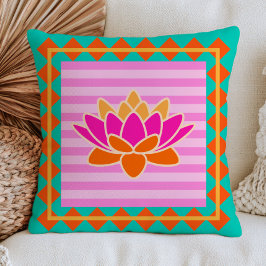 Cojín Decorativo Loto Colorido sobre Rayas Rosadas Floral BOHO Chic