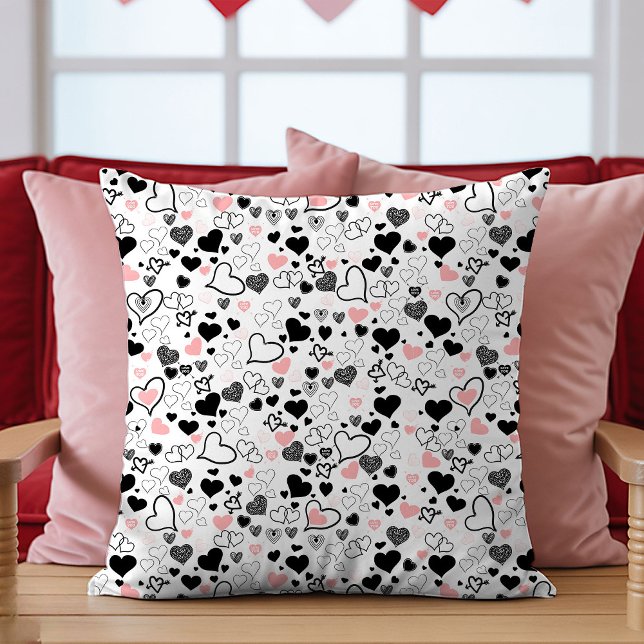 Cojín Decorativo Love Gift Pillow Pink and Black Hand Drawn Hearts (Love Gift Pillow Pink and Black Hand Drawn Hearts)
