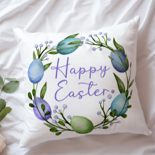Cojín Decorativo Lovely Easter Azul Violeta Huevos Elegante Acuarel
