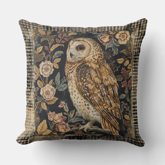 Cojín Decorativo Lovely Owl in the Flowers Garden ,Gold Checkered , (Anverso)