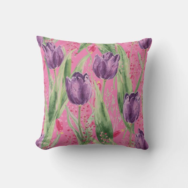 Cojín Decorativo Lovely, Purple,Shocking Pink Tulip Flowers Pattern (Anverso)