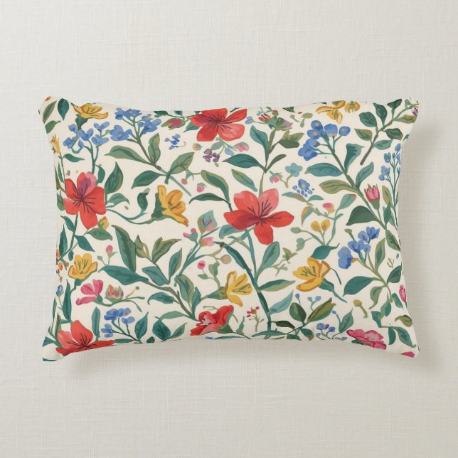 Cojín Decorativo Lovely, Red Yellow Blue Flowers and Leaves Pattern (Anverso)