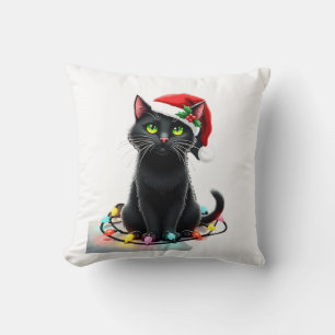 Cojín Decorativo Luces de Navidad de Gato Negro Sombrero de Santa N