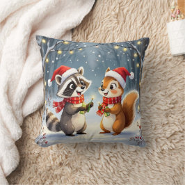 Cojín Decorativo Luces de Raccoon y Squirrel colgando Navidades