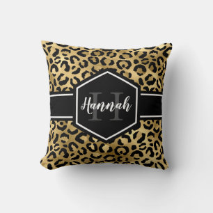 Cojín Decorativo Lugares de leopardo negro oro Monograma