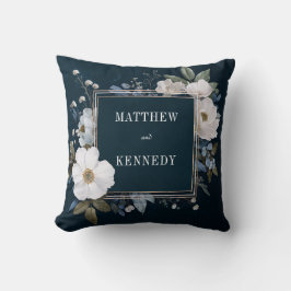 Cojín Decorativo Lujo Indigo Azul Blanco Floral Marco Dorado Anímic