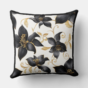 Cojín Decorativo Lujo Moderno Patrón de Flor de Lis Negro y Dorado