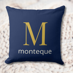 Cojín Decorativo Lujo Monograma Personalizado de Oro en Azul Marino