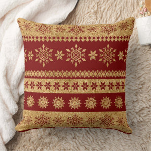 Cojín Decorativo Lujo Navideño Copo de Nieve Brillante Oro Carmesí