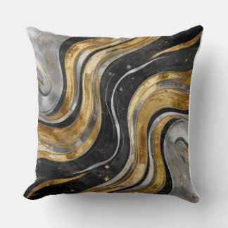 Cojín Decorativo Lujo Patrón Abstracto de Mármol Fluido Negro y Dor