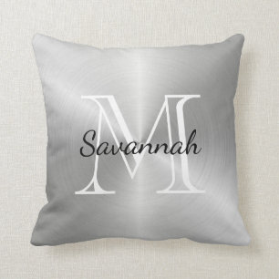 Cojín Decorativo Lujo Plata Monograma Faux Metalizado