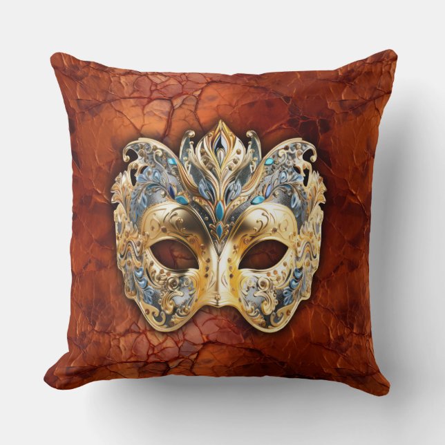 Cojín Decorativo Lujosa máscara veneciana sobre fondo rojizo (Anverso)